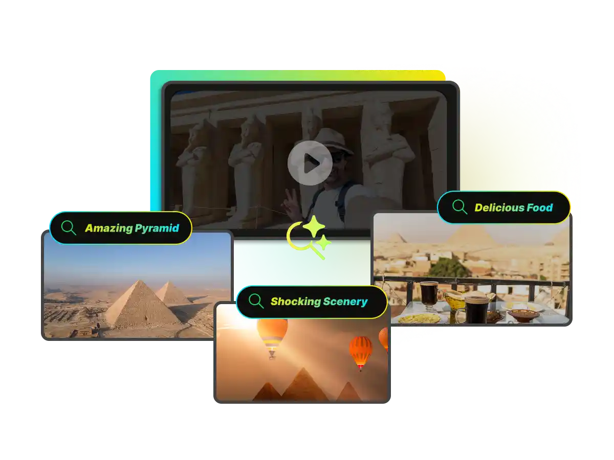 WayinVideo-Oberfläche „Find any moment in video“, die zeigt, wie eine Suche nach Begriffen wie Pyramid sofort alle passenden Bildausschnitte findet.